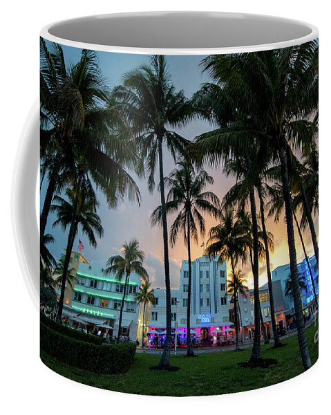 Palm Coffee Mug featuring the photograph Palm Trees on Ocean Drive South Beach Miami at Night by Beachtown Views