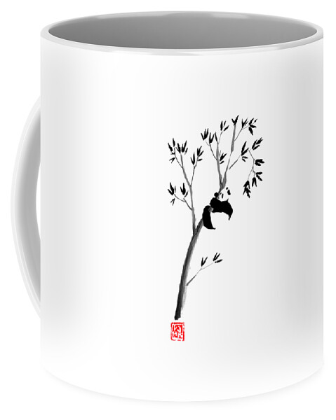 Panda Coffee Mug featuring the drawing Panda In His Tree 02 by Pechane Sumie