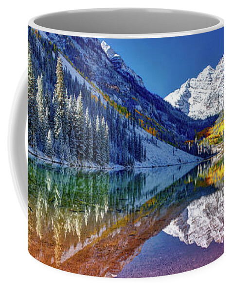 Maroon Bells Coffee Mug featuring the photograph Maroon Bells Panorama Sunrise In The Rocky Mountains Peaks triptych.  by OLena Art