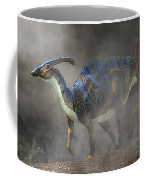 Parasaurolophus Coffee Mug featuring the digital art Parasaurolophus in Fog by Daniel Eskridge