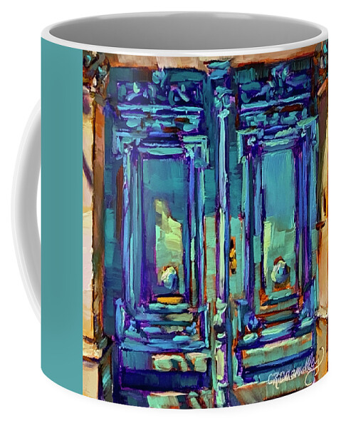 French Door Coffee Mug featuring the painting Parisian Blues by Chris Brandley