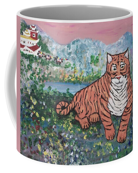 Tiger Coffee Mug featuring the painting Paro Taktsang,Tiger's nest by Lisa Koyle