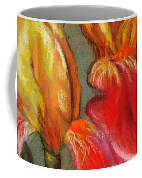 Colored Pencil Coffee Mug featuring the painting Bi-color Gold and Purple German Bearded Iris in Pastel Pencils and Chalk by Catherine Ludwig Donleycott