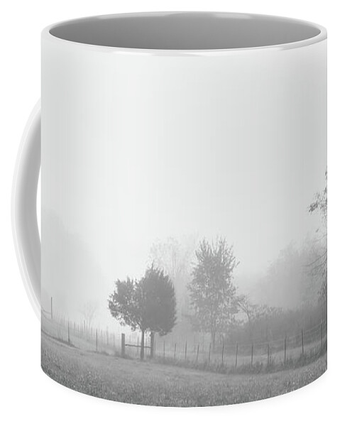 Fog Coffee Mug featuring the photograph Peaceful Foggy Countryside Grayscale by Jennifer White