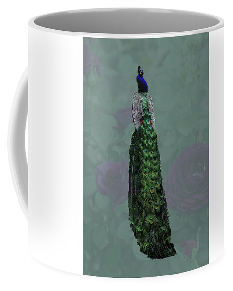 Peacock Coffee Mug featuring the photograph Peacock and Roses by Mingming Jiang