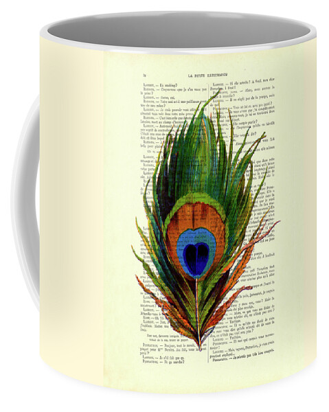 Peacock Coffee Mug featuring the digital art Peacock feather on French antique book page by Madame Memento