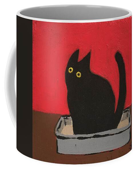 Black Cat Coffee Mug featuring the painting Pee by Sherry Rusinack