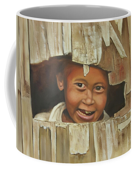 Boy Coffee Mug featuring the painting Peek-A-Boo Boy by Teresa Trotter