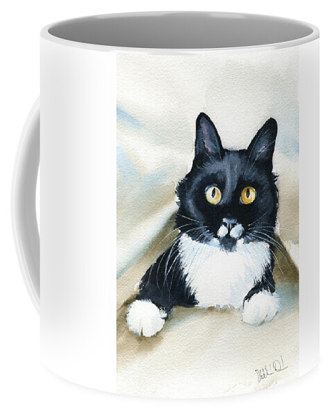 Cat Coffee Mug featuring the painting Peekaboo Tuxedo Cat Painting by Dora Hathazi Mendes