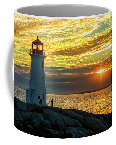 Peggy's Cove Coffee Mug featuring the photograph Peggy's Cove Lighthouse at Sunset by Tatiana Travelways