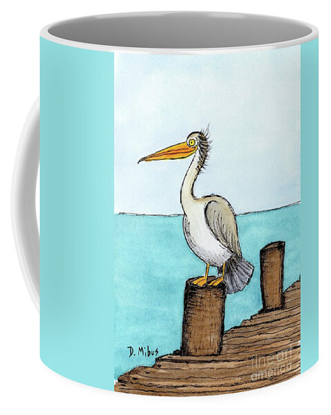 Coastal Bird Coffee Mug featuring the painting Pelican Perched on Pier by Donna Mibus