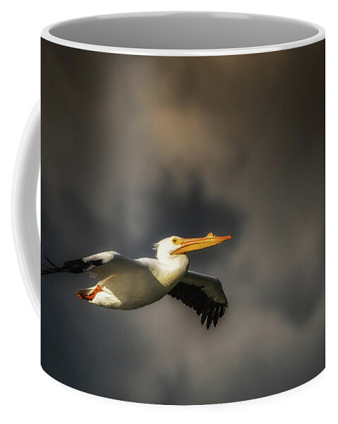 Animal Coffee Mug featuring the photograph Pelican Sunset Flight by Framing Places