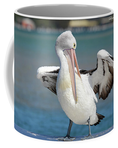 Pelicans Coffee Mug featuring the digital art Pelican Tuncurry 590. by Kevin Chippindall