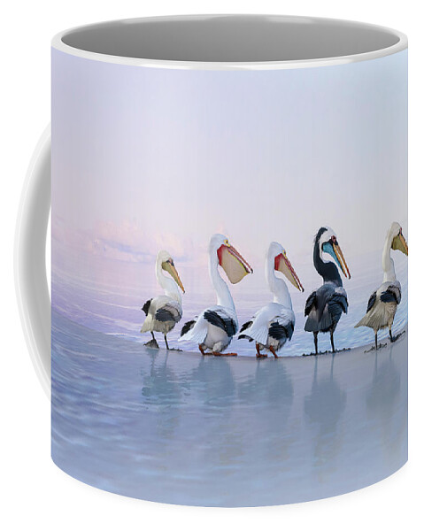 Surreal Coffee Mug featuring the digital art Pelicans Perfect Coastal Morning by Betsy Knapp