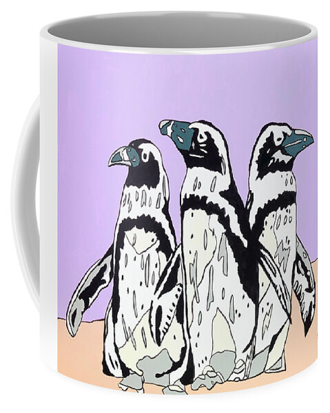 Penguins Birds Coffee Mug featuring the painting Penguins by Mike Stanko