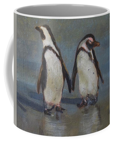 Waltmaes Coffee Mug featuring the painting Penquin Love Story by Walt Maes