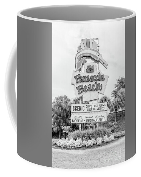 2018 Coffee Mug featuring the photograph Pensacola Beach Sign Black and White Photo by Paul Velgos