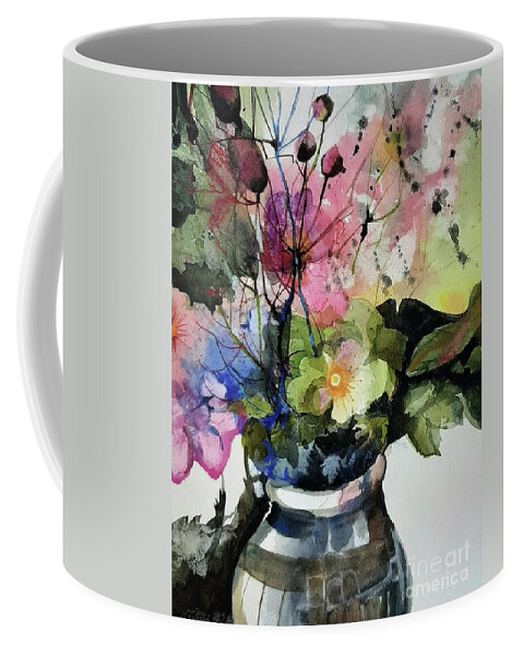  Coffee Mug featuring the painting Peonies in a Clay Pot by Lucy Lemay