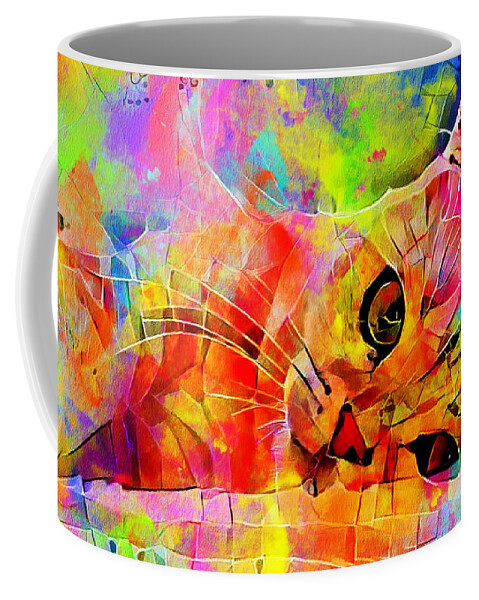 Persian Cat Coffee Mug featuring the digital art Persian cat relaxing - colorful irregular tiles mosaic effect by Nicko Prints