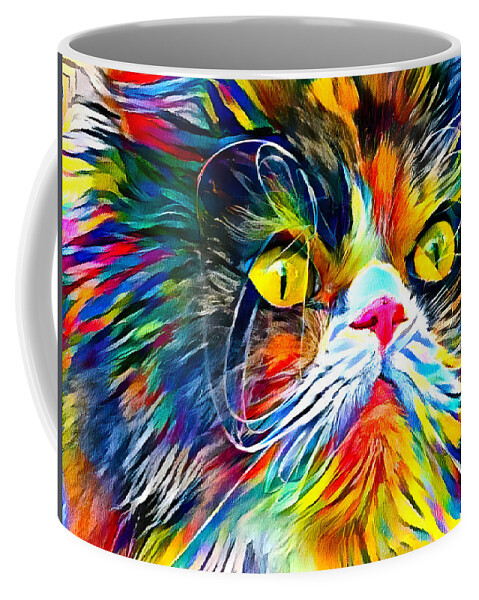 Persian Cat Coffee Mug featuring the digital art Persian cat with long whiskers close-up - colorful zebra pattern painting by Nicko Prints