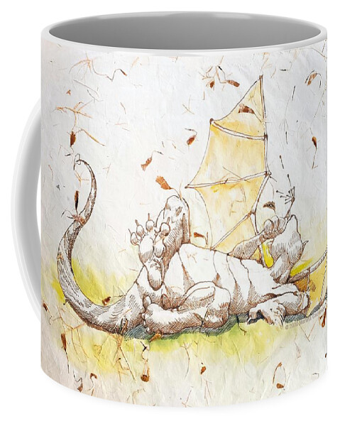 Watercolor Coffee Mug featuring the drawing Petal Playing Dragon by Merana Cadorette