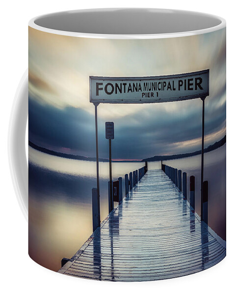 Fontana Sunrise Coffee Mug featuring the digital art Pier 1 Reflections by Paulette Marzahl