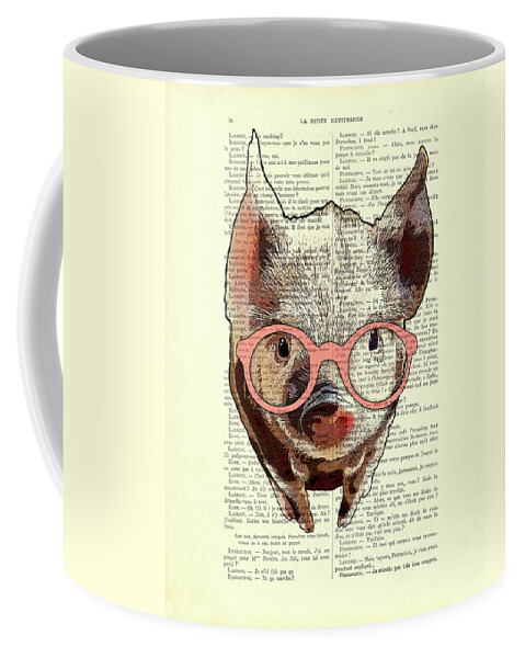 Pig Coffee Mug featuring the mixed media Piglet with pink glasses by Madame Memento