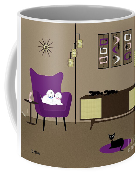 Mid Century Modern Coffee Mug featuring the digital art Pink and Purple Mid Century Room with White Dogs Black Cat by Donna Mibus