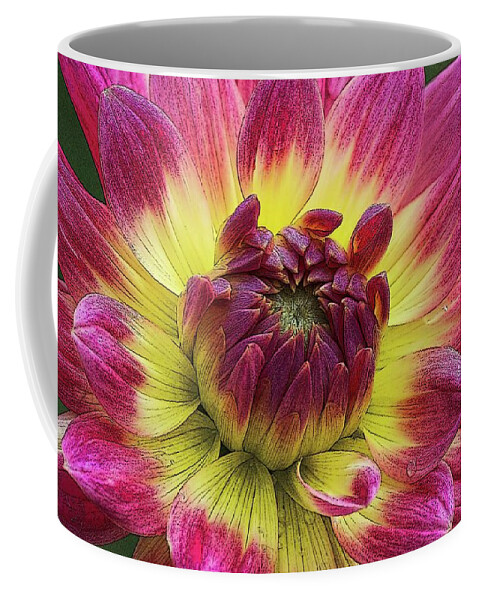 Dahlia; Yellow; Pink; Closeup; Petal; Flower; Floral; Beautiful; Macro; Nature; Beauty; Blossom; Background; Color; Summer; Bloom; Bright; Close-up; Flora; Plant; Blooming; Botany; Spring; Garden; Elegant; Stem; Green; Dalia; Colorful Flower; Pink And Yellow Dahlia; Bust Of Color; Colorful; Colorful Flower; Beautiful Flower Coffee Mug featuring the digital art Pink and Yellow Dahlia by Ron Grafe