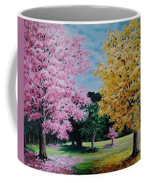 Poui Trees Coffee Mug featuring the painting Pink And Yellow Puoi by Karin Dawn Kelshall- Best