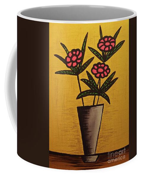 Mid Century Modern Coffee Mug featuring the mixed media Pink Flower Still Life Painting by Donna Mibus