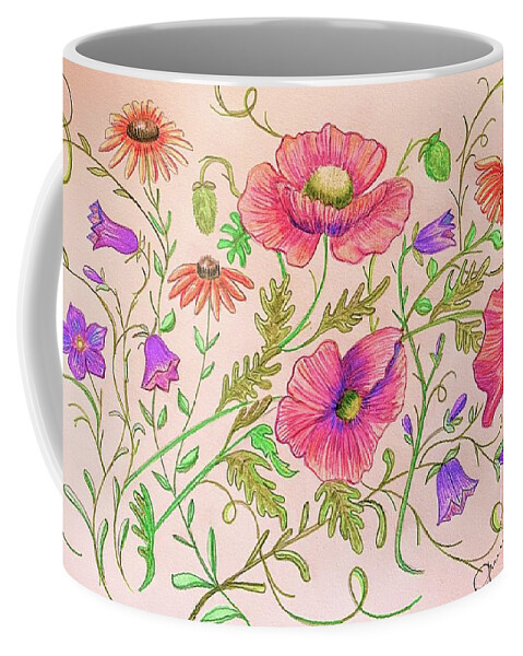 Poppies/daisies/sunflowers/flowers/pink/purple/yellow/orange/garden/ Coffee Mug featuring the drawing Pink Poppies by Jennifer Lake