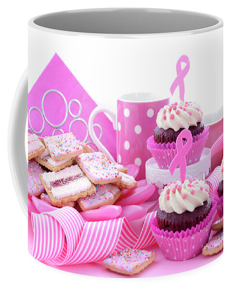 Breast Cancer Coffee Mug featuring the photograph Pink Ribbon Charity for Womens Health Awareness Morning Tea. by Milleflore Images
