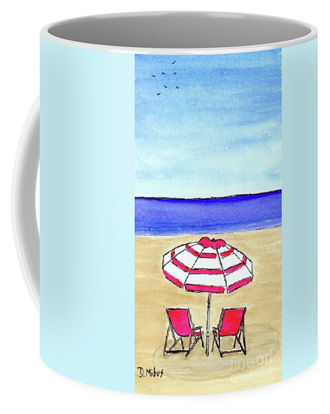 Beach Coffee Mug featuring the painting Pink Striped Beach Umbrella by Donna Mibus