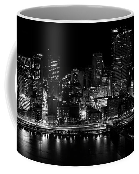 Pittsburgh At Night Black And White Coffee Mug featuring the photograph Pittsburgh At Night Black And White by Dan Sproul