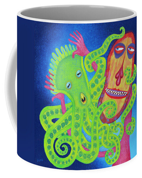 Visionary Visionaryart Art Painting 16x16 Octopus Play Playing Hug Coffee Mug featuring the painting Playing With The Octopus by Hone Williams