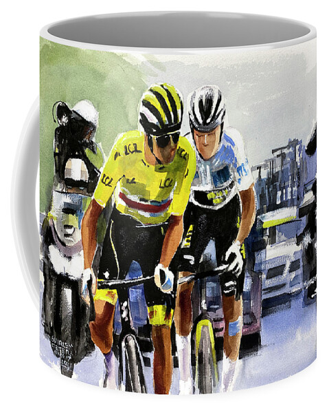 Le Tour De France Coffee Mug featuring the painting Pogacar Vingegaard, Stage 17 TDF2021 by Shirley Peters