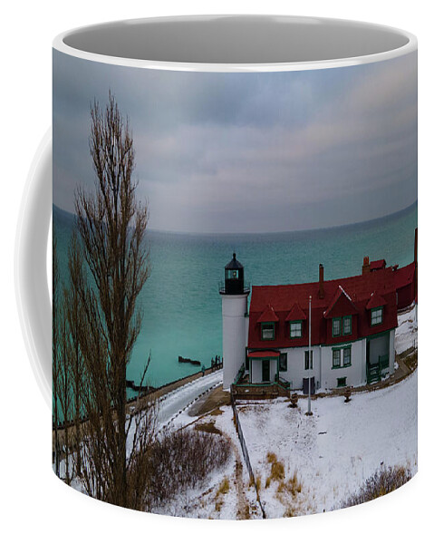 Lighthouse Lake Michigan Coffee Mug featuring the photograph Point Betsie Lighthouse side view by Eldon McGraw