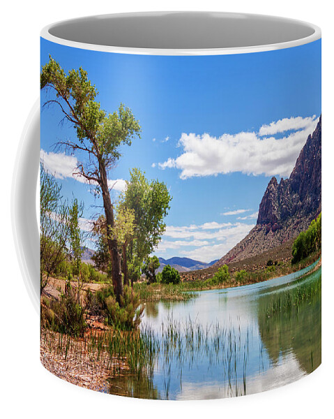 Pond Reflections Coffee Mug featuring the photograph Pond reflections in Mohave Desert, Nevada by Tatiana Travelways