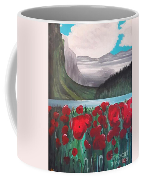 Poppies Coffee Mug featuring the painting Poppies by the Mountains by April Reilly