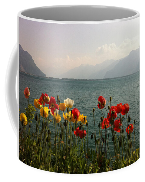 Poppies Coffee Mug featuring the photograph poppies on lake leman Switzerland by Joelle Philibert