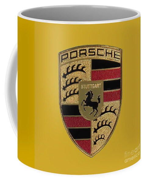 Porsche Coffee Mug featuring the photograph Porsche Emblem - Gold by Scott Cameron