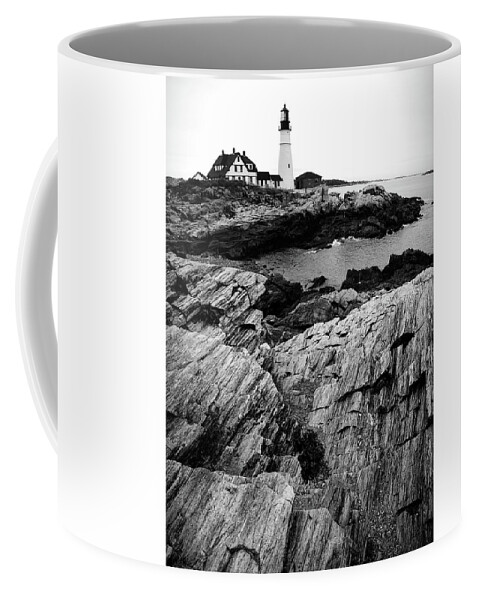 Portland Head Light Rocks Black And White Coffee Mug featuring the photograph Portland Head Light Coast Black And White by Dan Sproul