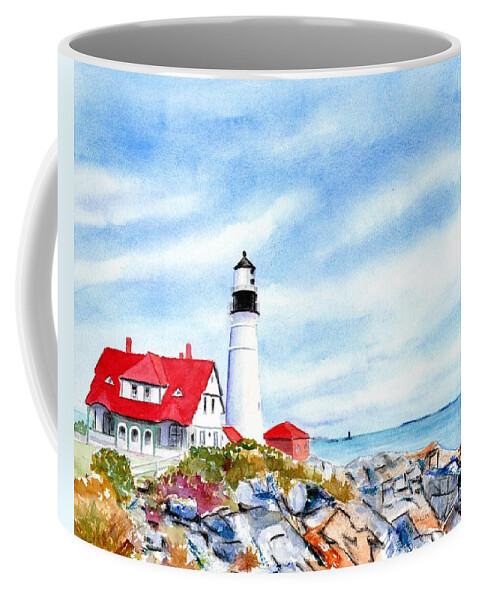 Portland Head Light Coffee Mug featuring the painting Portland Head Lighthouse Maine by Carlin Blahnik CarlinArtWatercolor