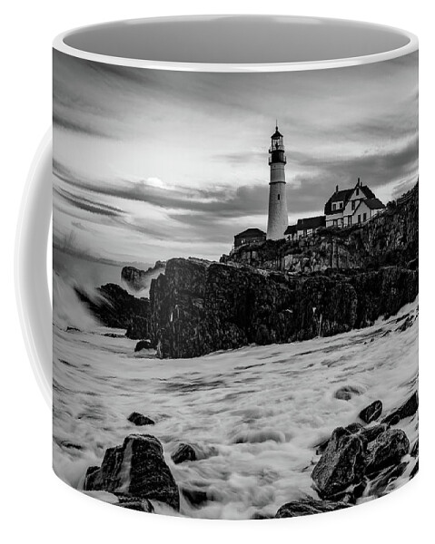 Portland Head Light Coffee Mug featuring the photograph Portland Head Lighthouse With Crashing Waves - Black and White by Gregory Ballos