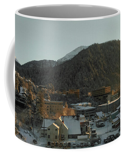 #juneau #alaska #ak #winter #cold #capitalcity #snow #postcard #downtownjuneau #vacation #morning #dawn Coffee Mug featuring the photograph Postcard Capital by Charles Vice