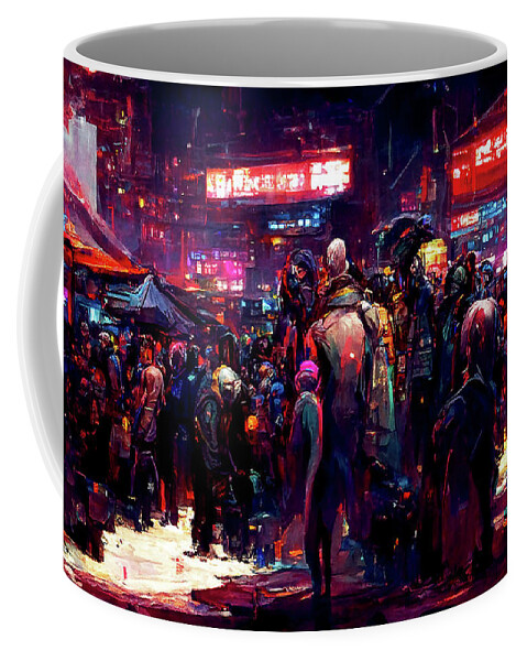 Cyberpunk Coffee Mug featuring the painting Postcards from the Future - Cyberpunk Street Market, 01 by AM FineArtPrints