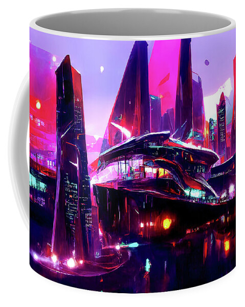 Cyberpunk Coffee Mug featuring the painting Postcards from the Future - Neon City, 07 by AM FineArtPrints