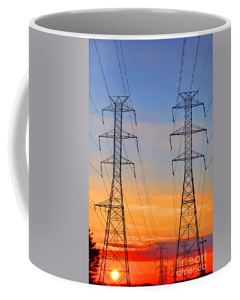 Power Coffee Mug featuring the photograph Power Line Towers at Sunset by Olivier Le Queinec