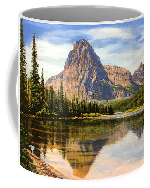 Mountain Lake Coffee Mug featuring the pastel Pray Lake Reflects by Lee Tisch Bialczak